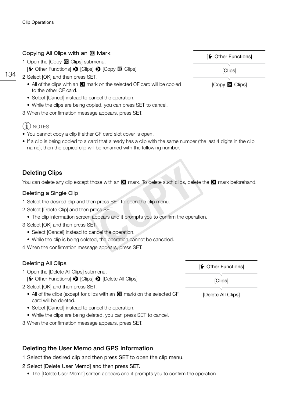 Deleting clips, Deleting the user memo and gps information, Deleting clips 134 deleting the user memo and gps | Information 134, Cop y | Canon EOS C300 PL User Manual | Page 134 / 194