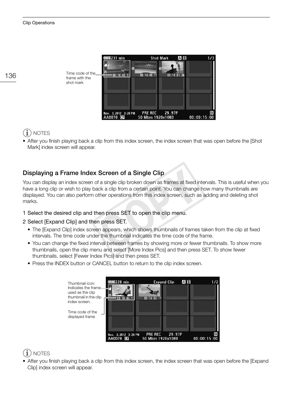 Displaying a frame index screen of a single clip, Displaying a frame index screen of a single, Clip 136 | Cop y | Canon EOS C300 PL User Manual | Page 136 / 194