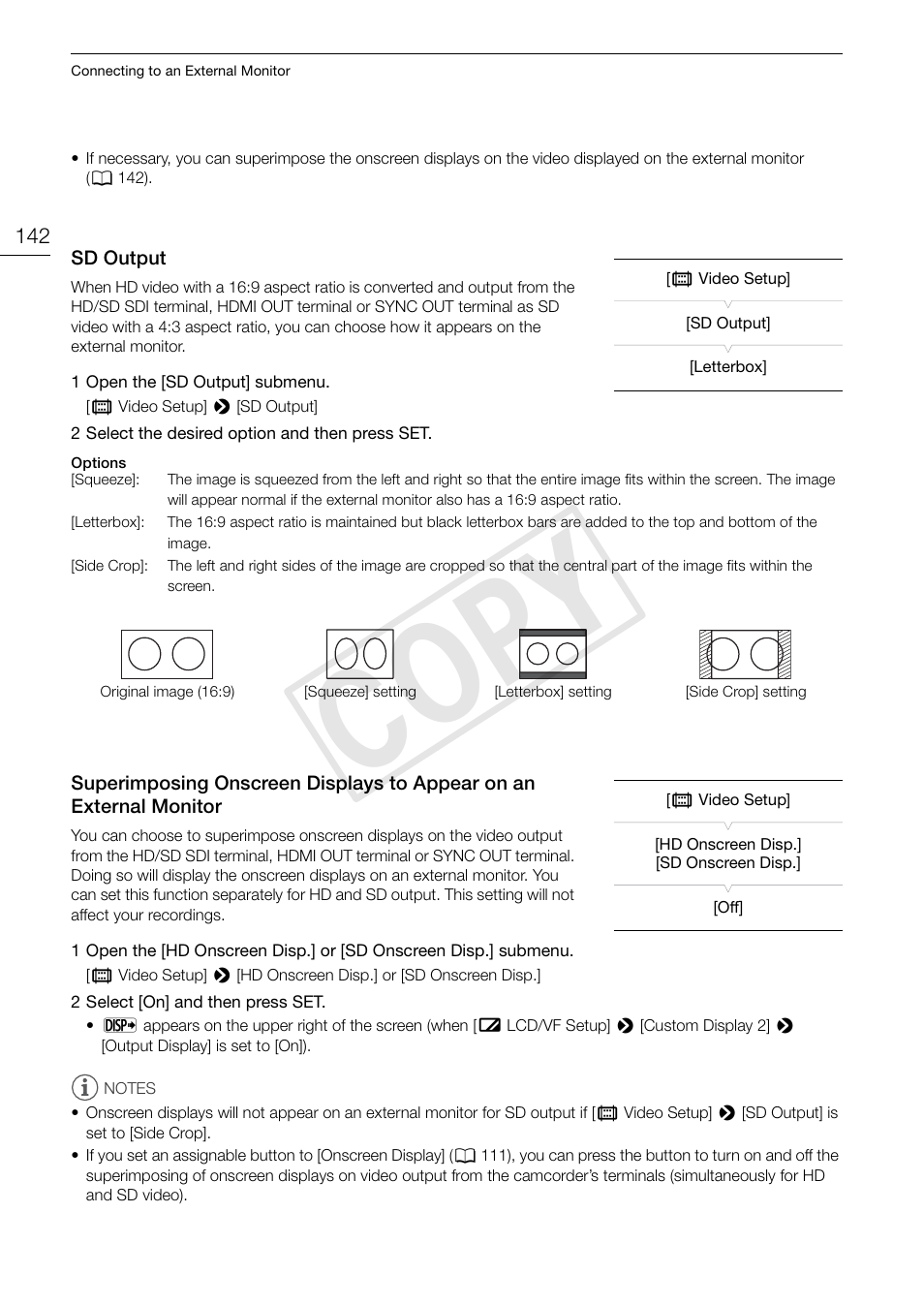 Sd output, An external monitor 142, Cop y | Canon EOS C300 PL User Manual | Page 142 / 194