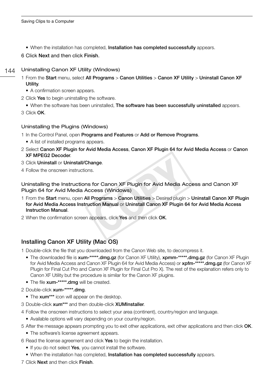 Installing canon xf utility (mac os), Installing canon xf utility (mac os) 144, Cop y | Canon EOS C300 PL User Manual | Page 144 / 194