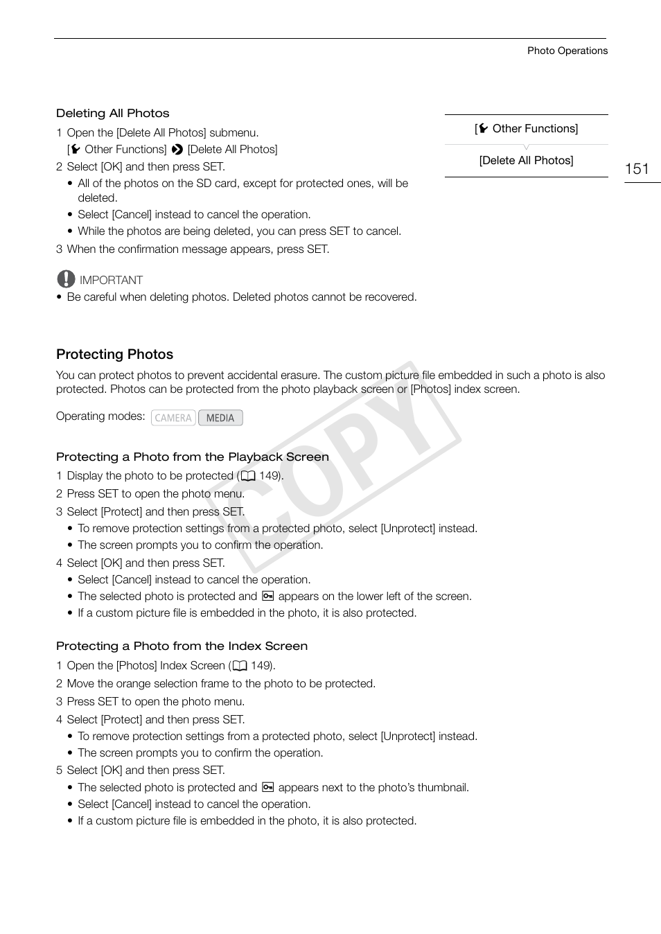 Protecting photos, Protecting photos 151, Cop y | Canon EOS C300 PL User Manual | Page 151 / 194