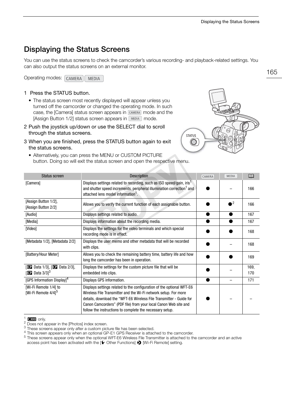 Displaying the status screens, Displaying the status screens 165, Cop y | Canon EOS C300 PL User Manual | Page 165 / 194