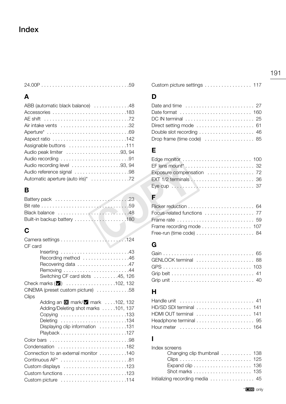 Index, Index 191, C op y | Canon EOS C300 PL User Manual | Page 191 / 194