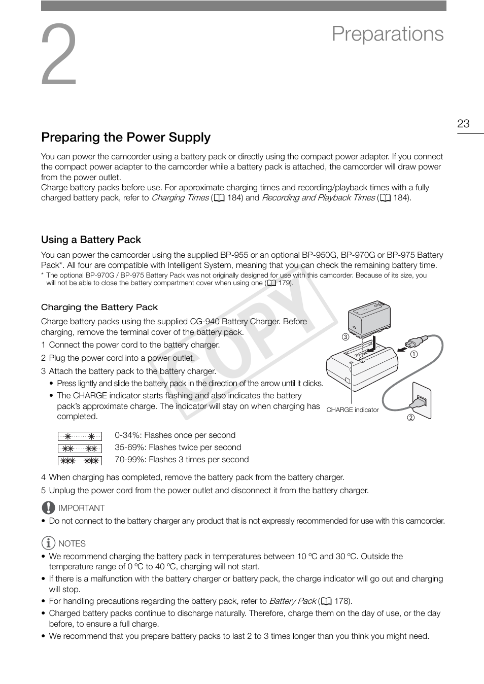 Preparations, Preparing the power supply, Using a battery pack | Preparations 23, Preparing the power supply 23, Using a battery pack 23, Cop y | Canon EOS C300 PL User Manual | Page 23 / 194