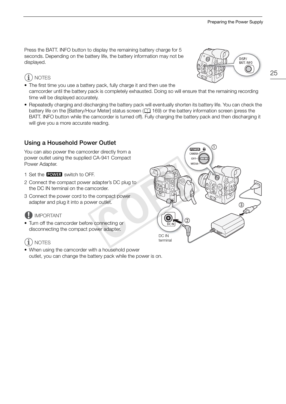 Using a household power outlet, Using a household power outlet 25, Cop y | Canon EOS C300 PL User Manual | Page 25 / 194