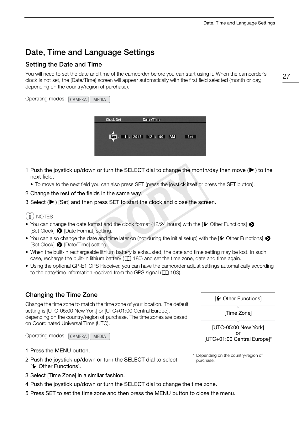 Date, time and language settings, Setting the date and time, Changing the time zone | Date, time and language settings 27, Cop y | Canon EOS C300 PL User Manual | Page 27 / 194