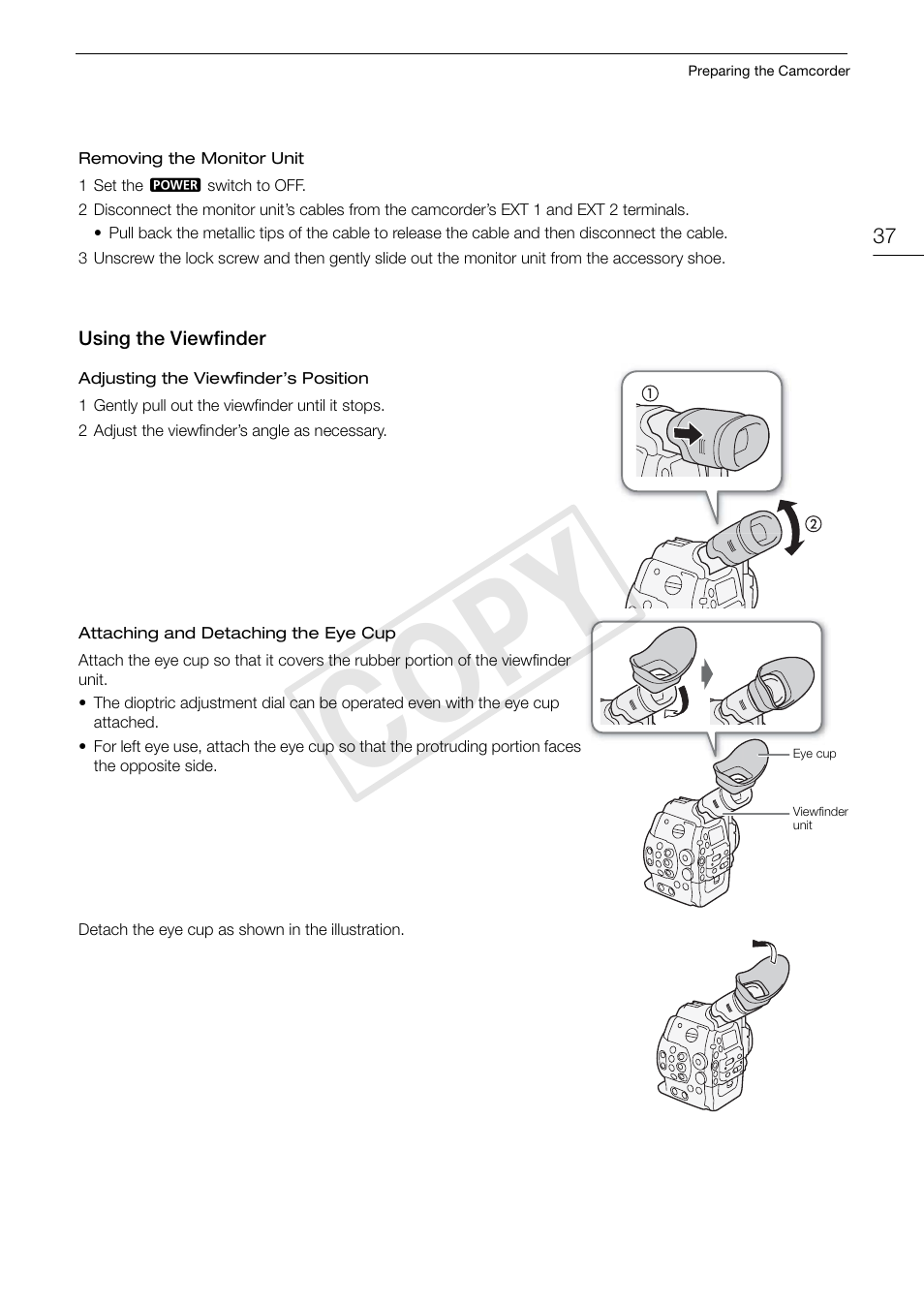 Using the viewfinder, Using the viewfinder 37, Cop y | Canon EOS C300 PL User Manual | Page 37 / 194