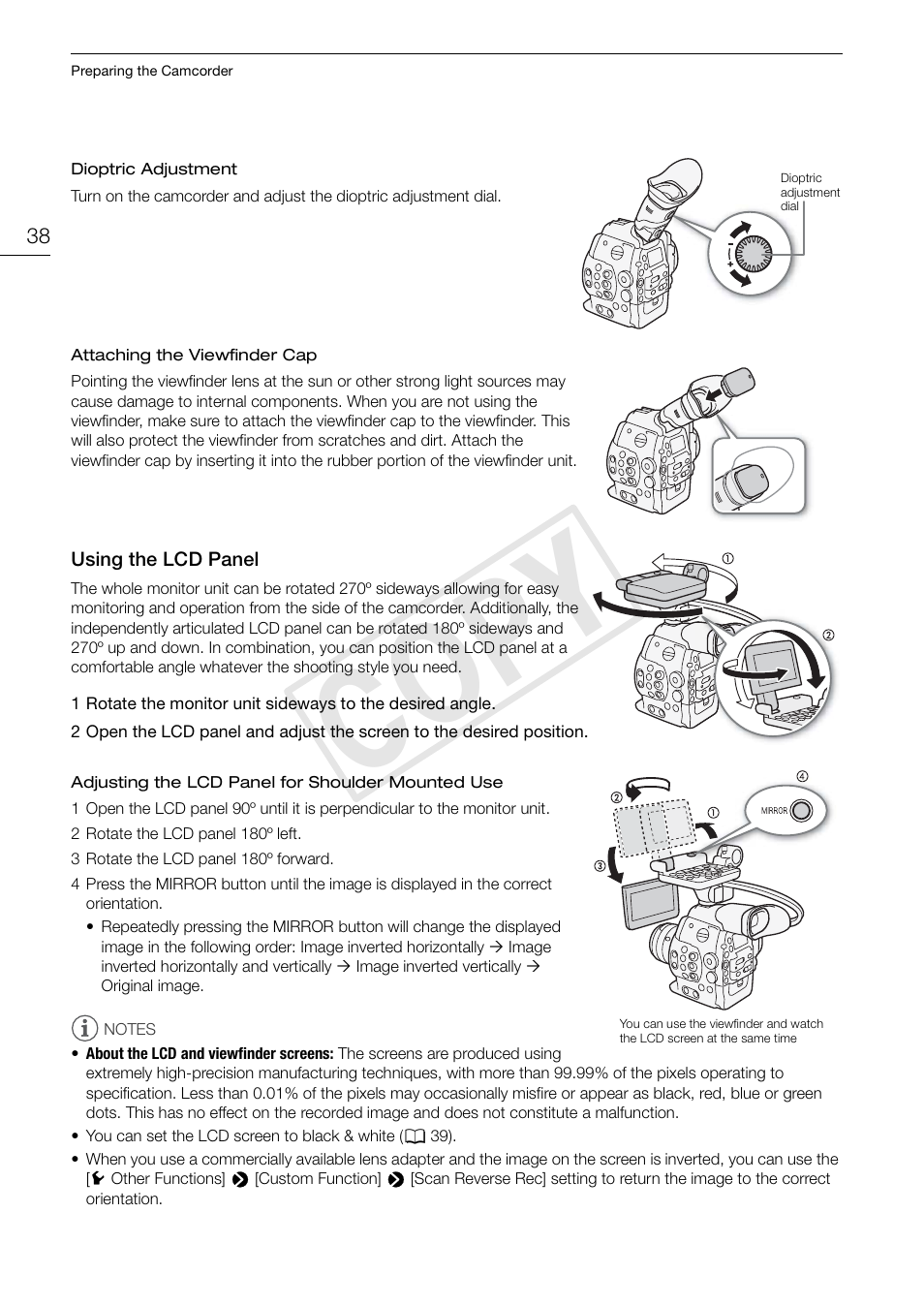 Using the lcd panel, Using the lcd panel 38, Cop y | Canon EOS C300 PL User Manual | Page 38 / 194