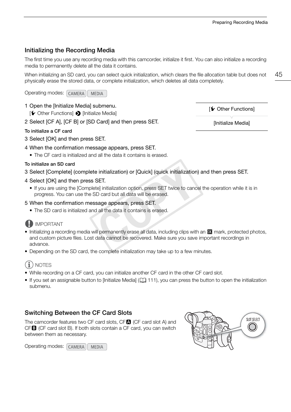 Initializing the recording media, Switching between the cf card slots, Cop y | Canon EOS C300 PL User Manual | Page 45 / 194