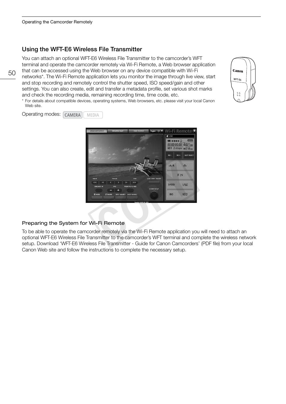 Using the wft-e6 wireless file transmitter, Using the wft-e6 wireless file transmitter 50, Cop y | Canon EOS C300 PL User Manual | Page 50 / 194