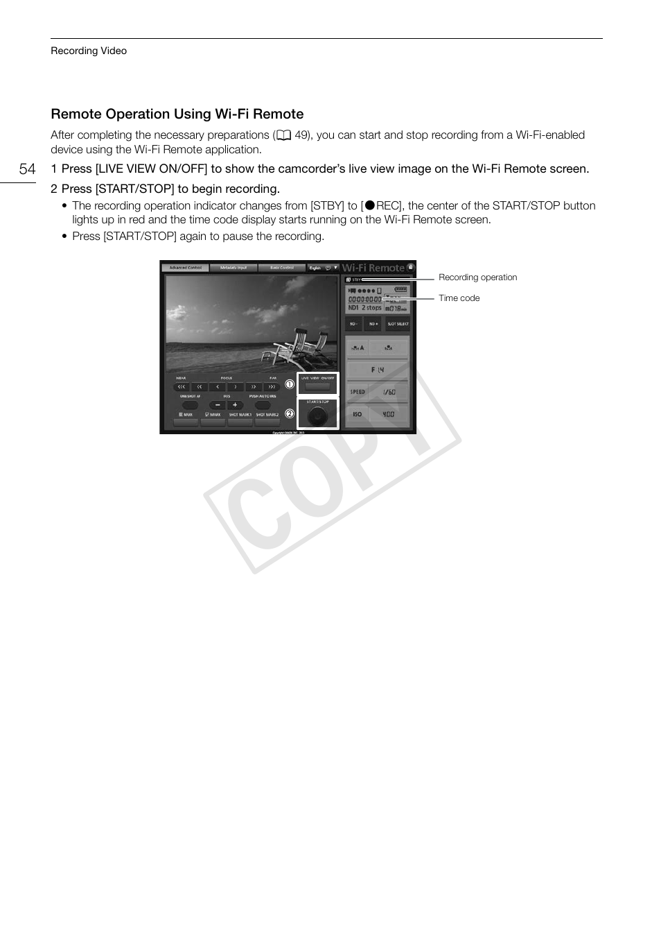 Remote operation using wi-fi remote, Remote operation using wi-fi remote 54, Cop y | Canon EOS C300 PL User Manual | Page 54 / 194