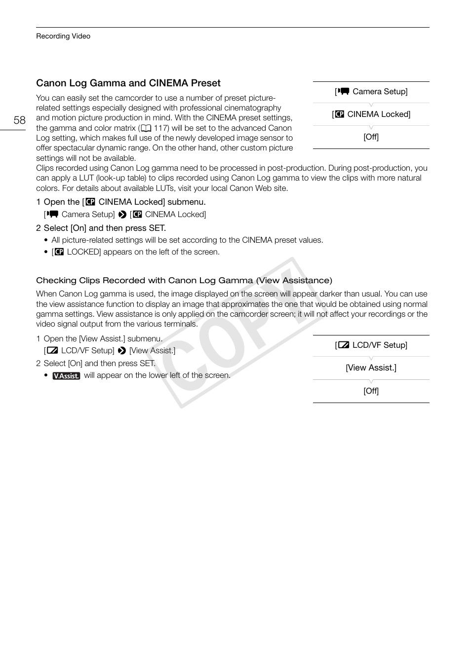 Canon log gamma and cinema preset, Canon log gamma and cinema preset 58, Cop y | Canon EOS C300 PL User Manual | Page 58 / 194