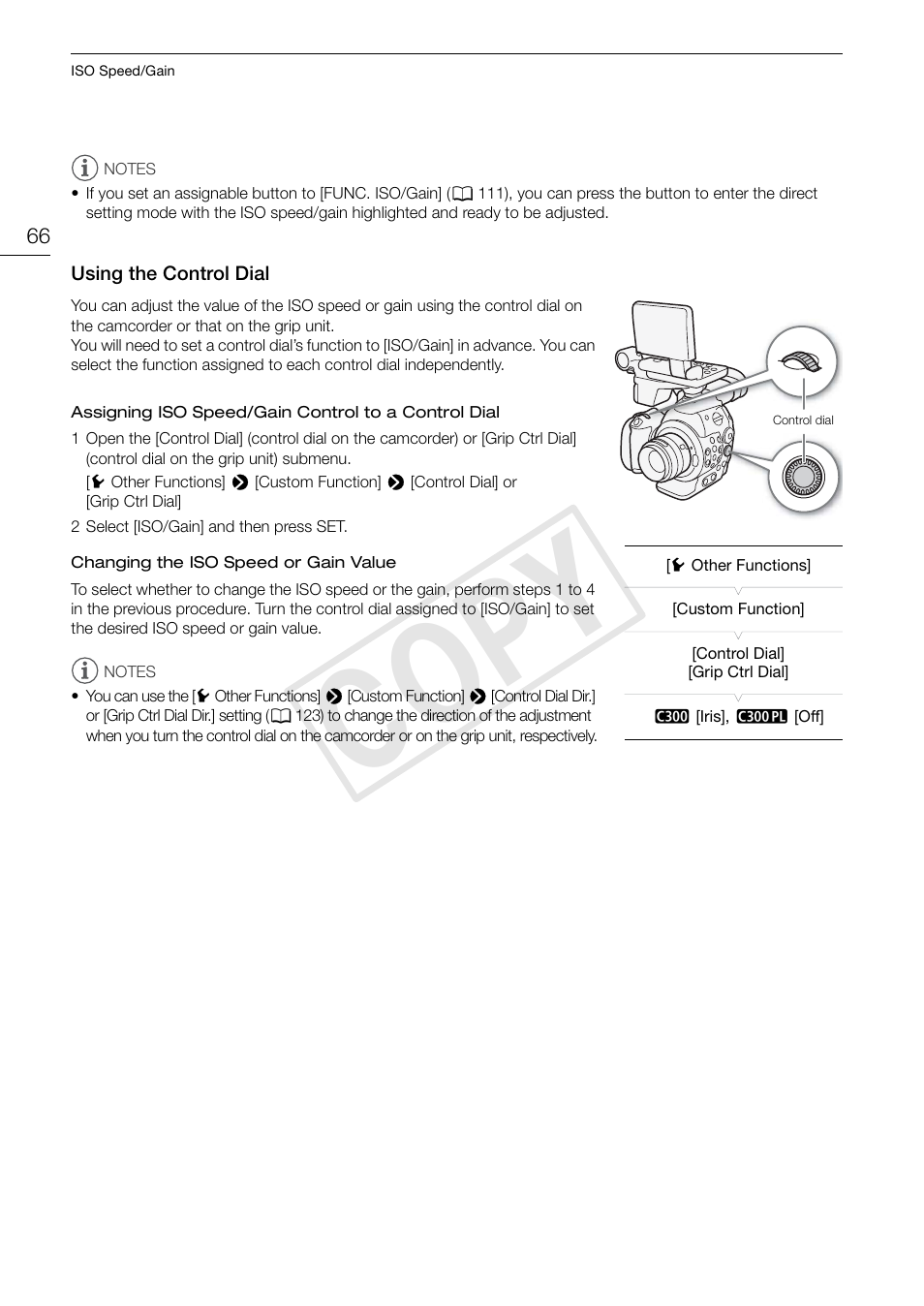 Using the control dial, Using the control dial 66, Cop y | Canon EOS C300 PL User Manual | Page 66 / 194