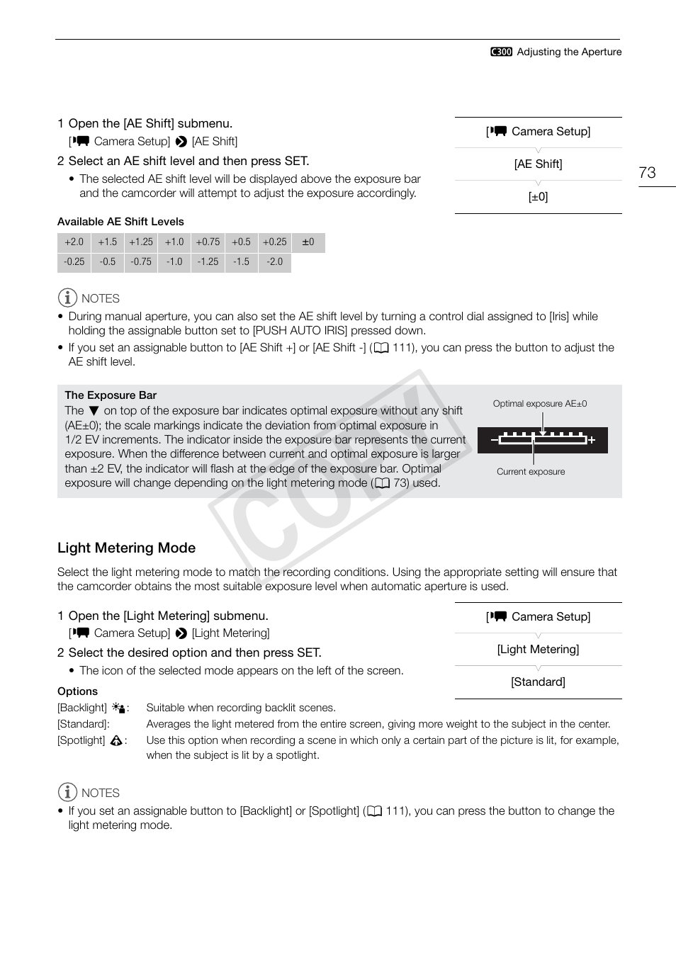 Light metering mode, Light metering mode 73, Cop y | Canon EOS C300 PL User Manual | Page 73 / 194