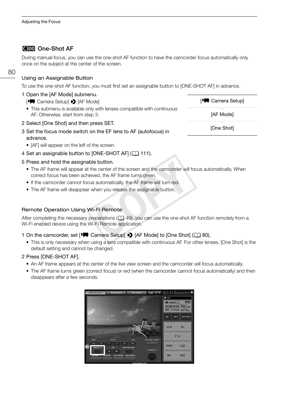 C300> one-shot af, One-shot af 80, Cop y | Canon EOS C300 PL User Manual | Page 80 / 194