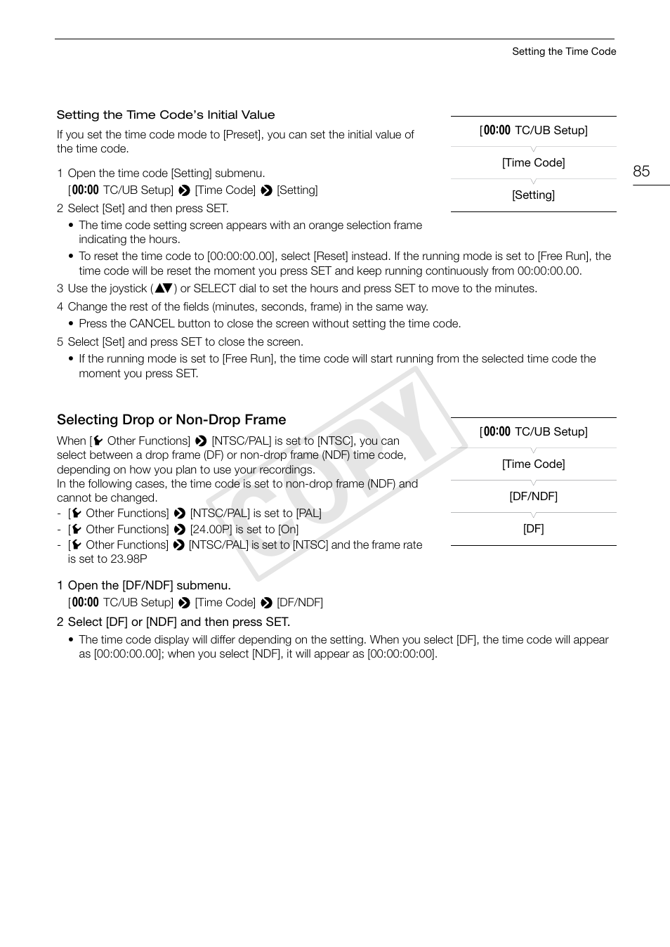Selecting drop or non-drop frame, Selecting drop or non-drop frame 85, Cop y | Canon EOS C300 PL User Manual | Page 85 / 194