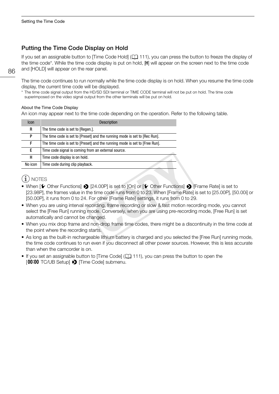 Putting the time code display on hold, Putting the time code display on hold 86, Cop y | Canon EOS C300 PL User Manual | Page 86 / 194