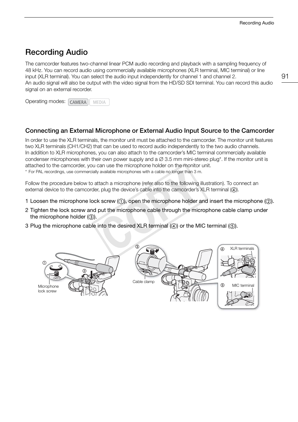 Recording audio, Recording audio 91, Connecting an external microphone or external | Audio input source to the camcorder 91, Cop y | Canon EOS C300 PL User Manual | Page 91 / 194