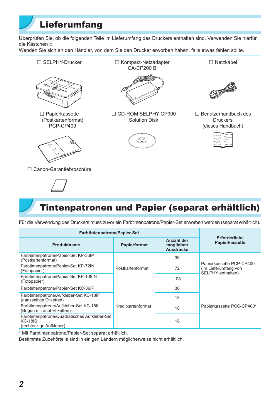 Lieferumfang, Tintenpatronen und papier (separat erhältlich) | Canon SELPHY CP900 User Manual | Page 115 / 514