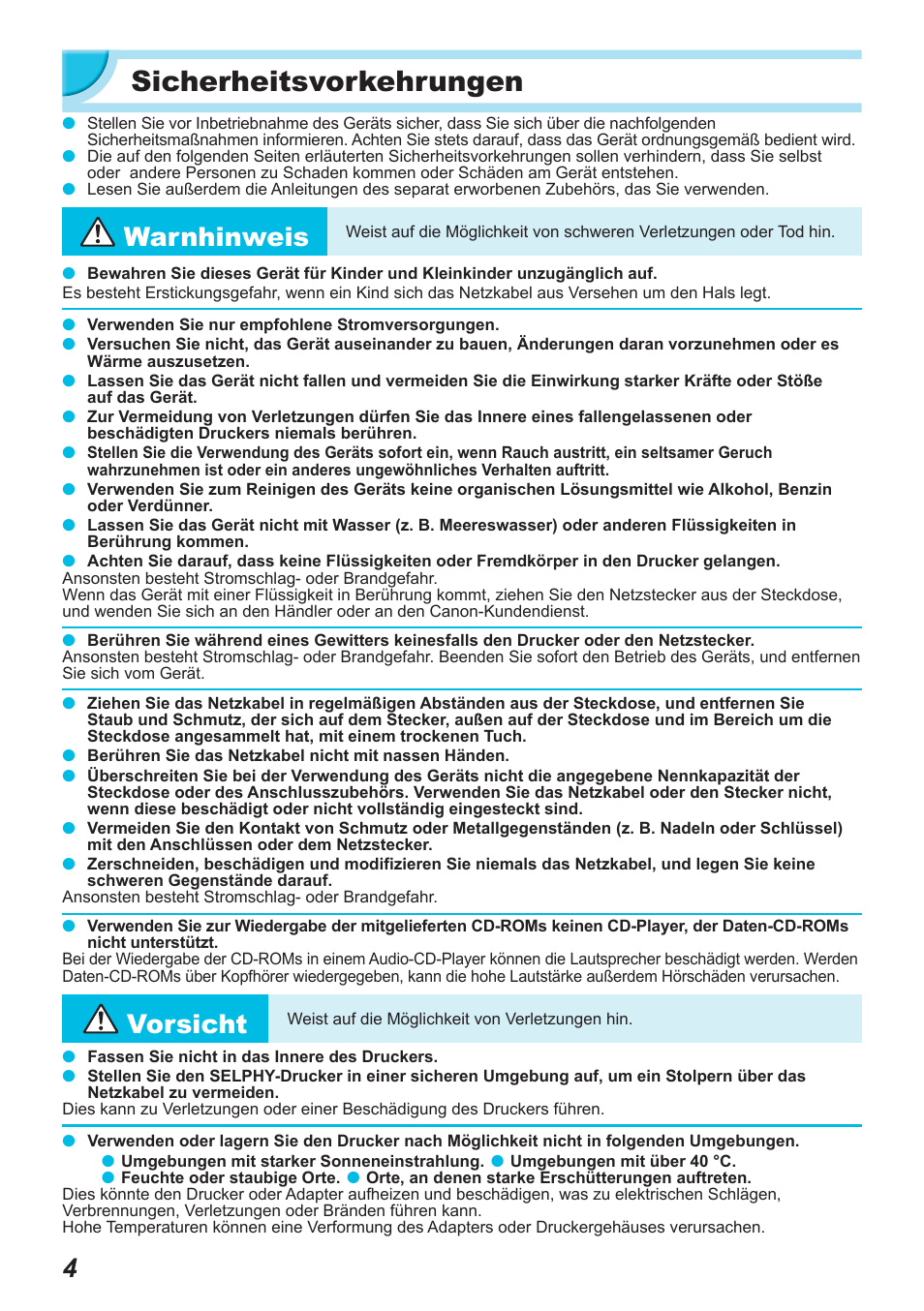 Sicherheitsvorkehrungen, Warnhinweis, Vorsicht | Canon SELPHY CP900 User Manual | Page 117 / 514