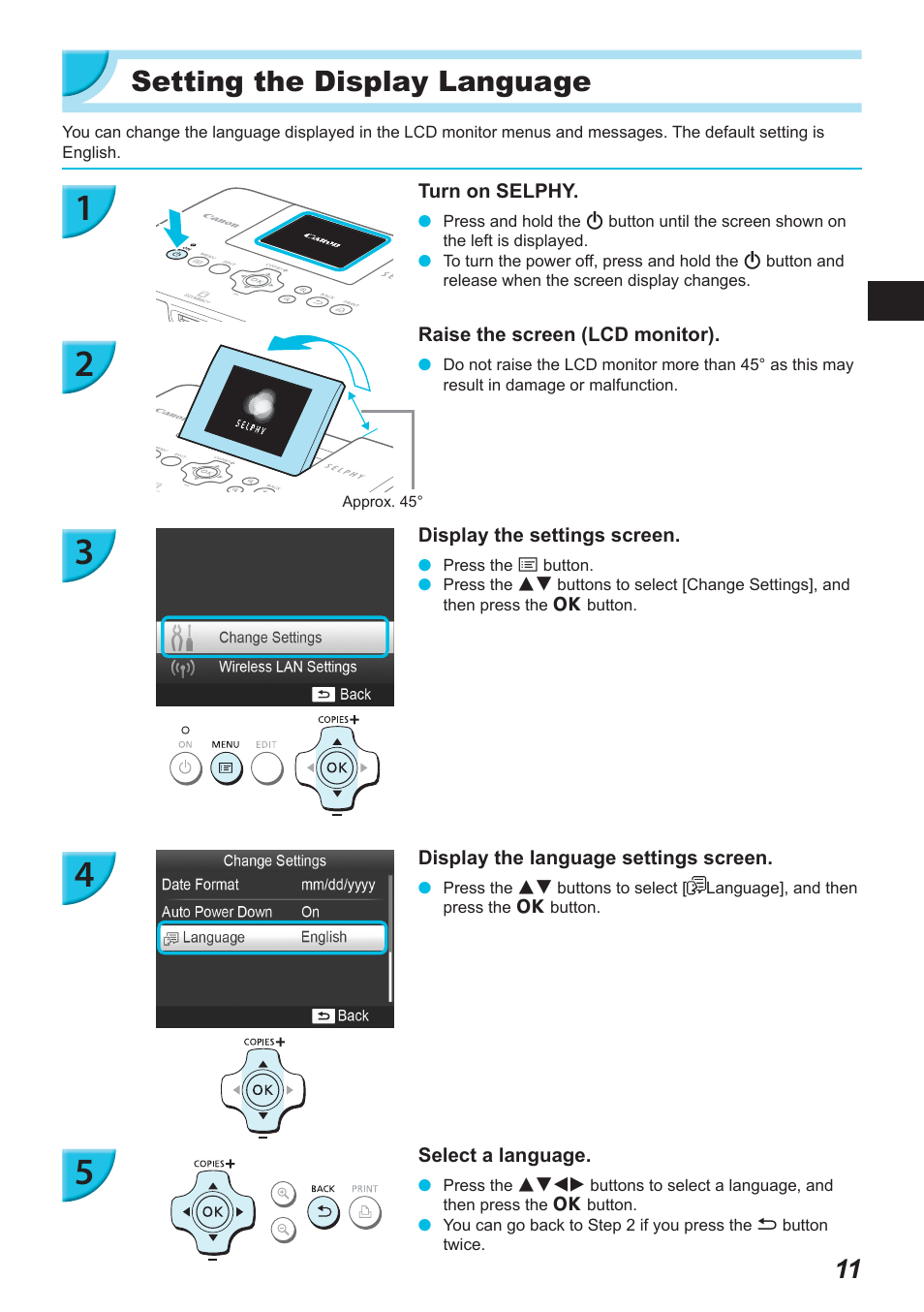 Setting the display language | Canon SELPHY CP900 User Manual | Page 12 / 514