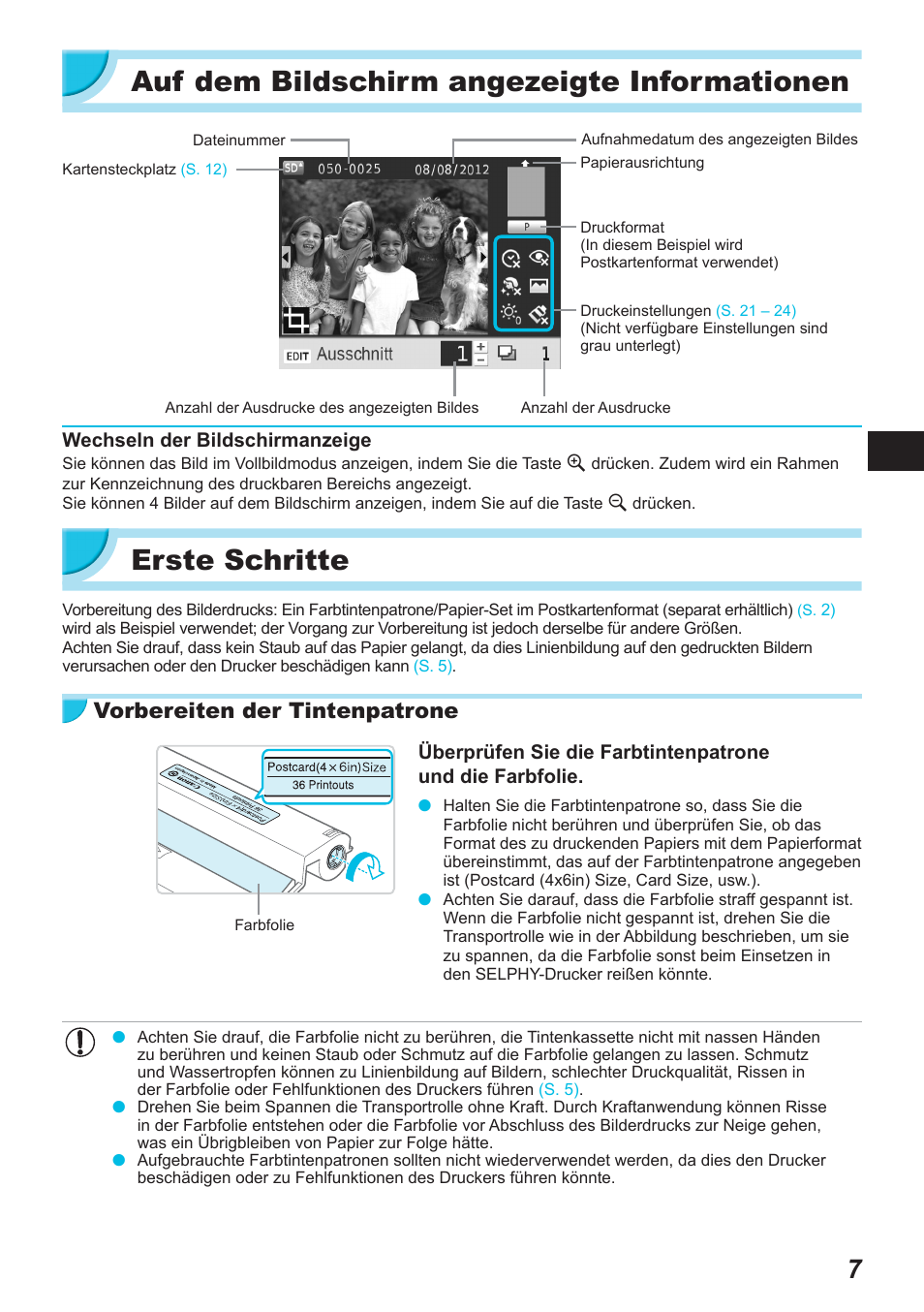 Auf dem bildschirm angezeigte informationen, Erste schritte, Vorbereiten der tintenpatrone | Canon SELPHY CP900 User Manual | Page 120 / 514