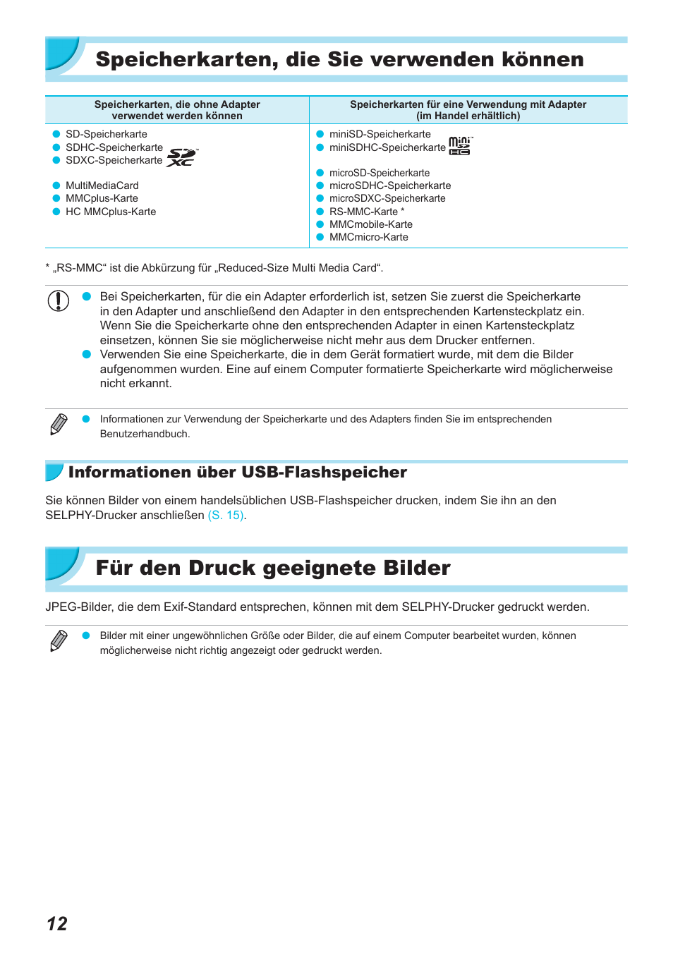 Speicherkarten, die sie verwenden können, Für den druck geeignete bilder, Informationen über usb-flashspeicher | Canon SELPHY CP900 User Manual | Page 125 / 514