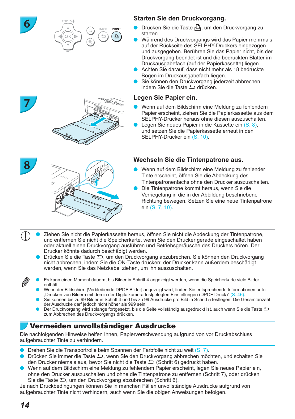 Vermeiden unvollständiger ausdrucke | Canon SELPHY CP900 User Manual | Page 127 / 514