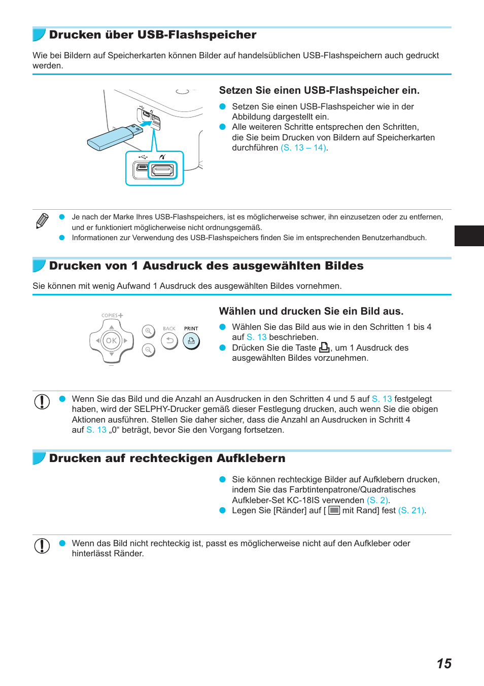 Drucken über usb-flashspeicher, Drucken von 1 ausdruck des ausgewählten bildes, Drucken auf rechteckigen aufklebern | Canon SELPHY CP900 User Manual | Page 128 / 514