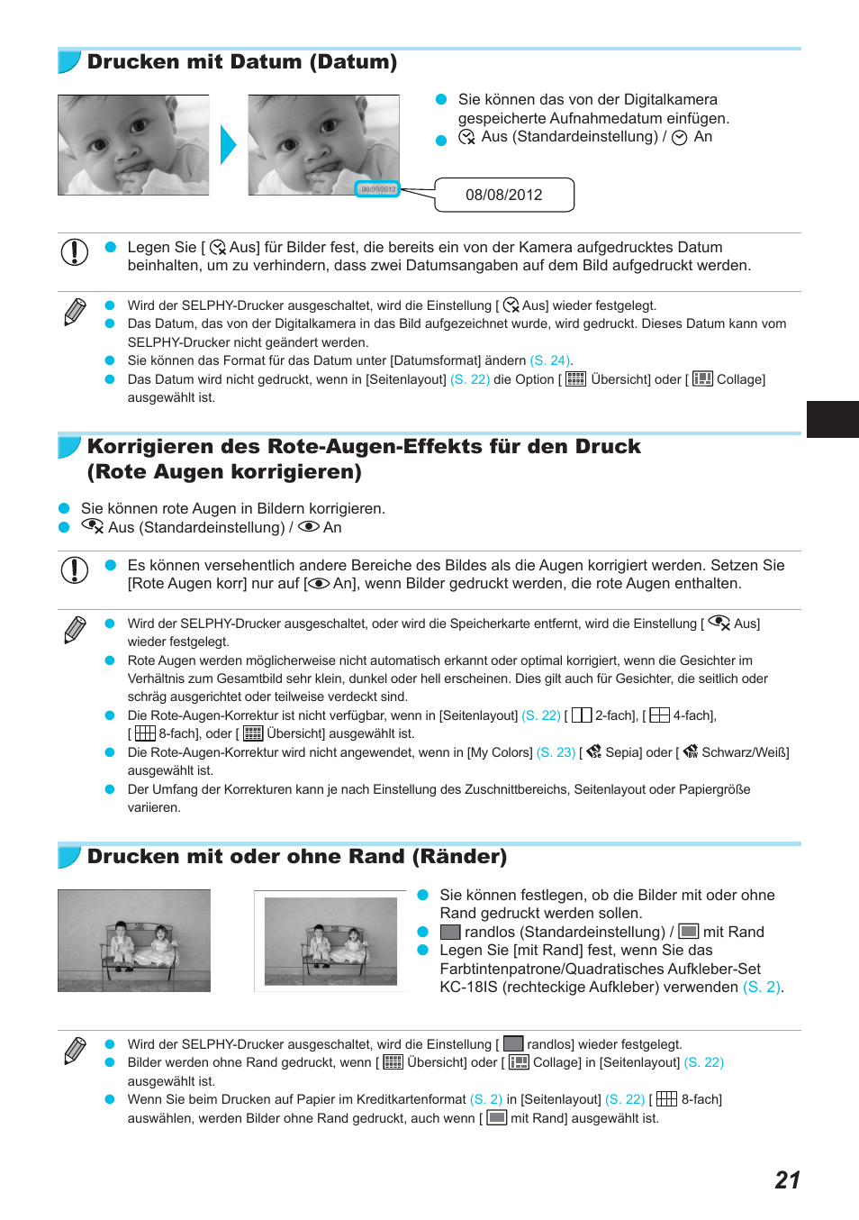 Drucken mit datum (datum), Drucken mit oder ohne rand (ränder) | Canon SELPHY CP900 User Manual | Page 134 / 514