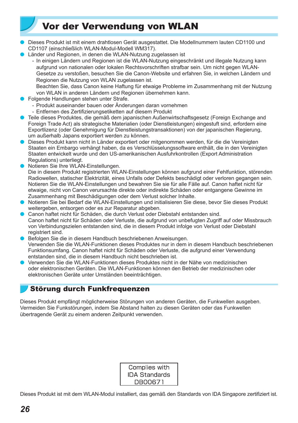 Vor der verwendung von wlan, Störung durch funkfrequenzen | Canon SELPHY CP900 User Manual | Page 139 / 514