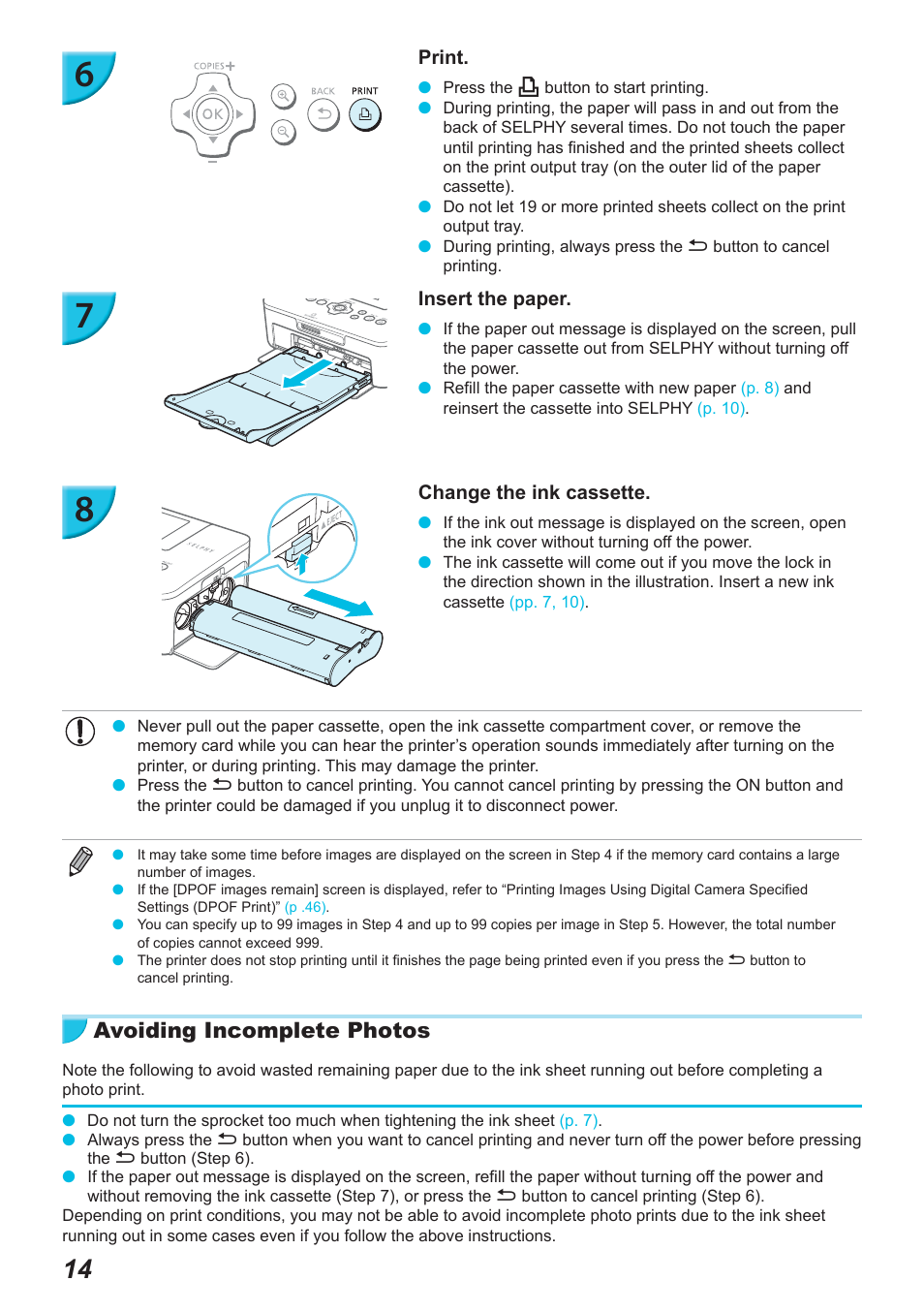 Avoiding incomplete photos | Canon SELPHY CP900 User Manual | Page 15 / 514