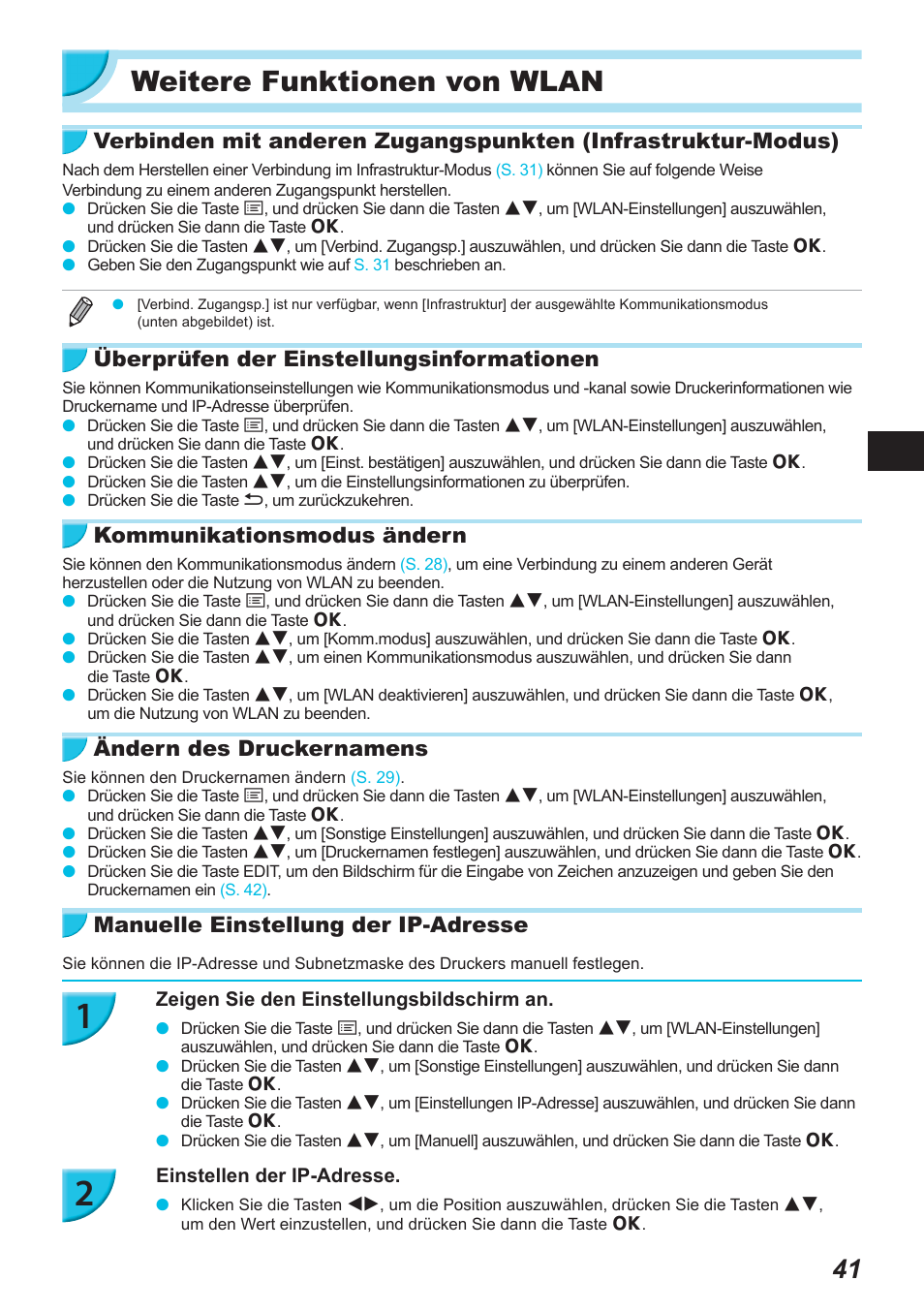 Weitere funktionen von wlan, Überprüfen der einstellungsinformationen, Kommunikationsmodus ändern | Ändern des druckernamens, Manuelle einstellung der ip-adresse | Canon SELPHY CP900 User Manual | Page 154 / 514