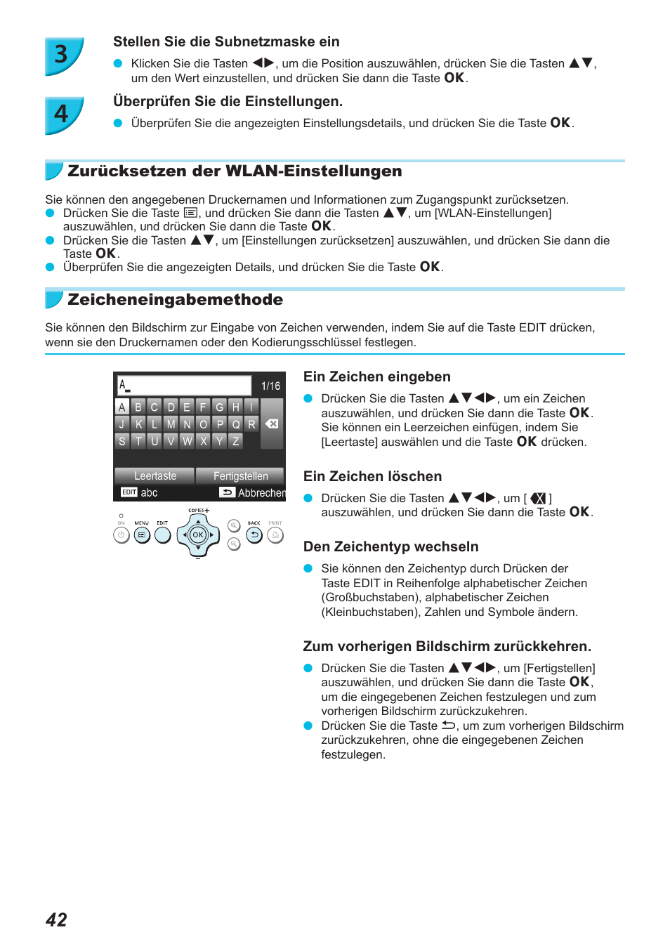 Zurücksetzen der wlan-einstellungen, Zeicheneingabemethode | Canon SELPHY CP900 User Manual | Page 155 / 514