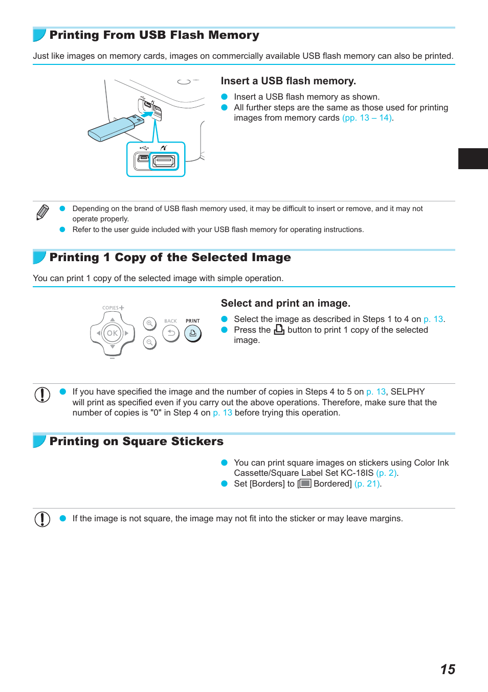 Printing 1 copy of the selected image, Printing on square stickers | Canon SELPHY CP900 User Manual | Page 16 / 514