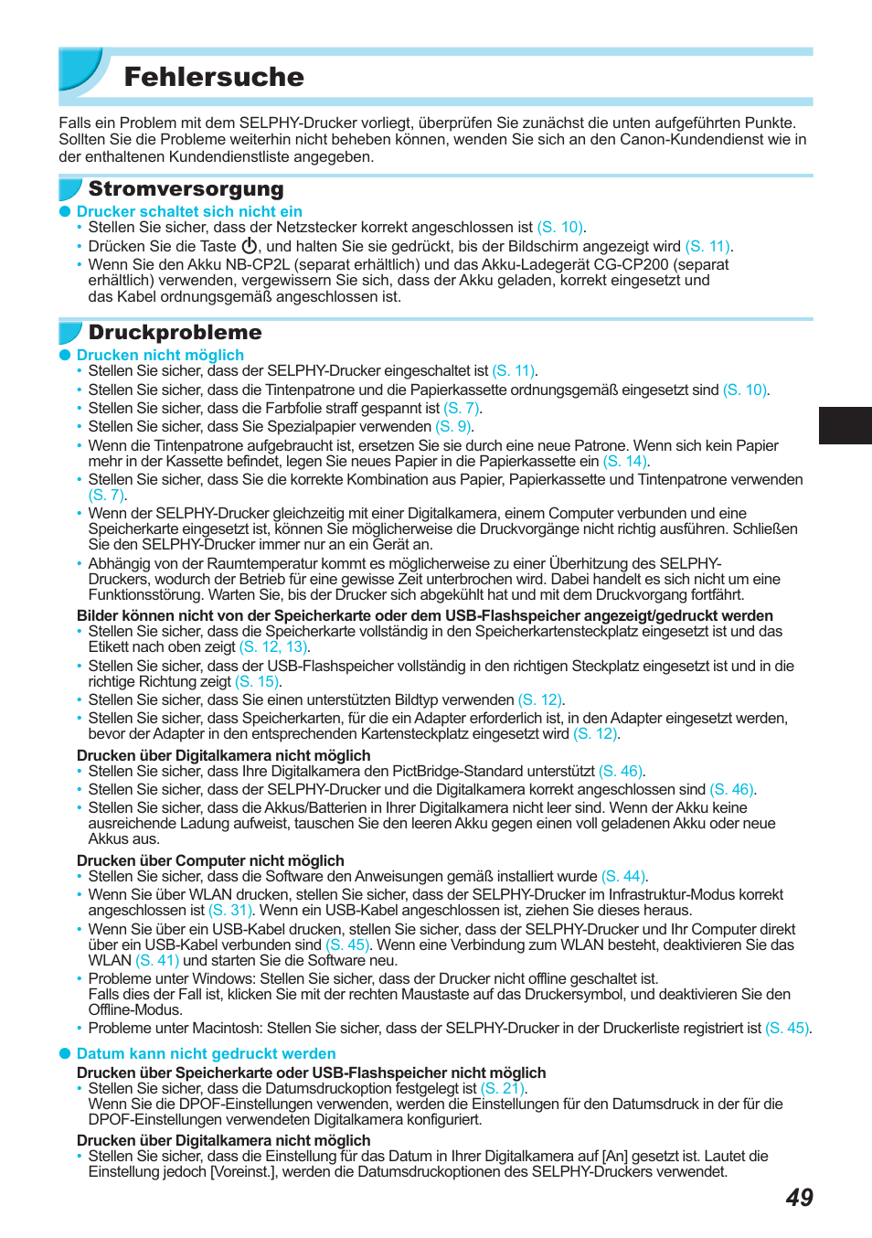 Fehlersuche, Stromversorgung, Druckprobleme | Canon SELPHY CP900 User Manual | Page 162 / 514