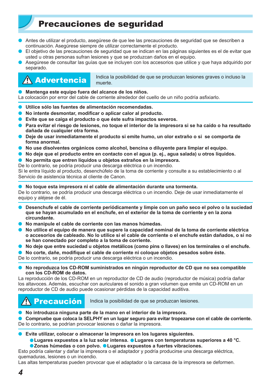 Precauciones de seguridad, Advertencia, Precaución | Canon SELPHY CP900 User Manual | Page 173 / 514