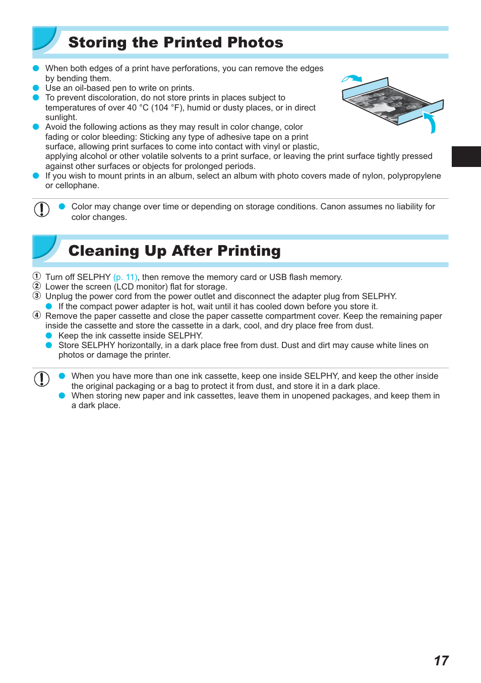 Storing the printed photos, Cleaning up after printing | Canon SELPHY CP900 User Manual | Page 18 / 514