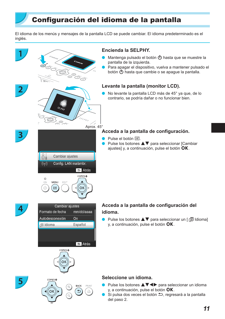 Configuración del idioma de la pantalla | Canon SELPHY CP900 User Manual | Page 180 / 514