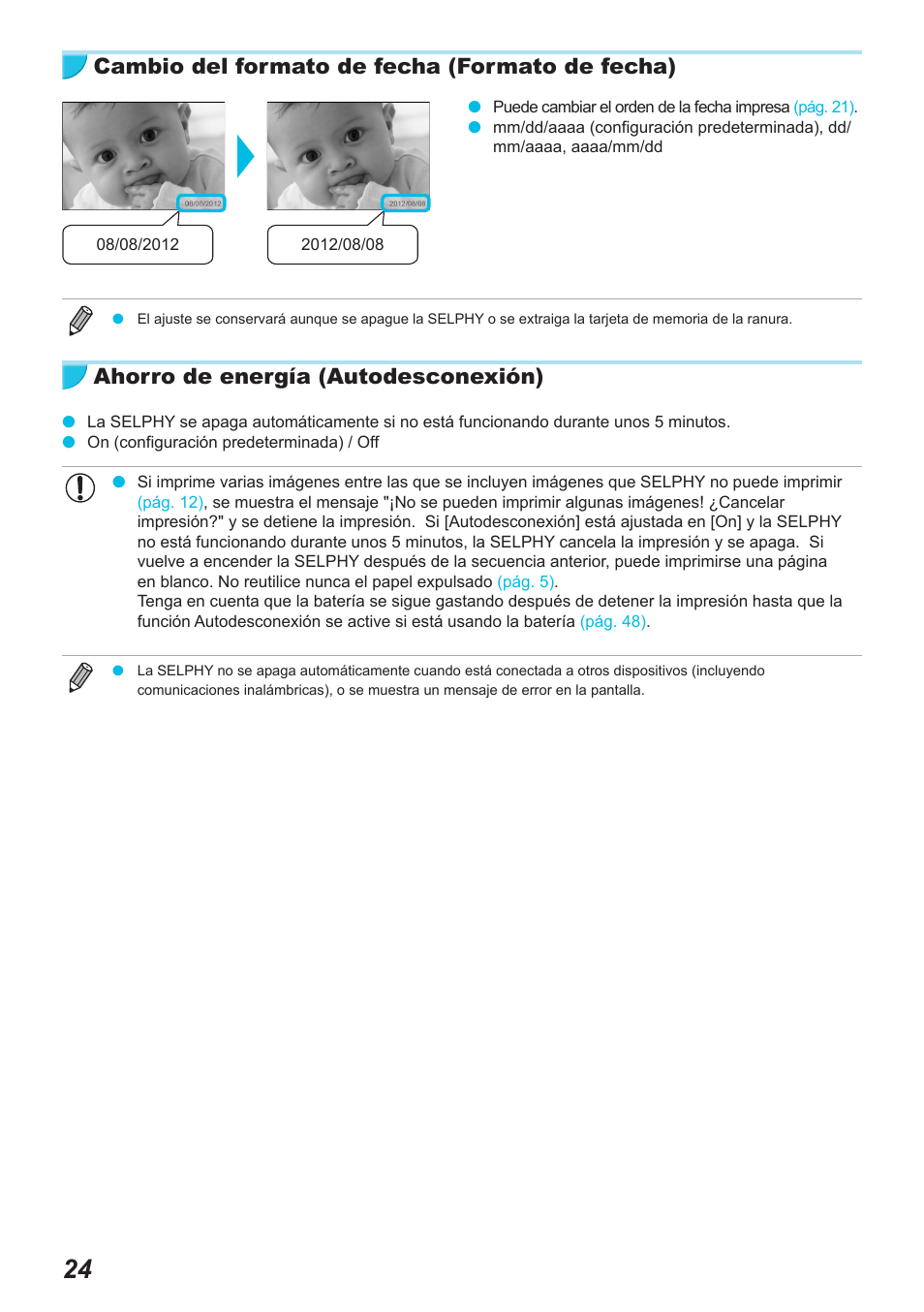 Cambio del formato de fecha (formato de fecha), Ahorro de energía (autodesconexión) | Canon SELPHY CP900 User Manual | Page 193 / 514