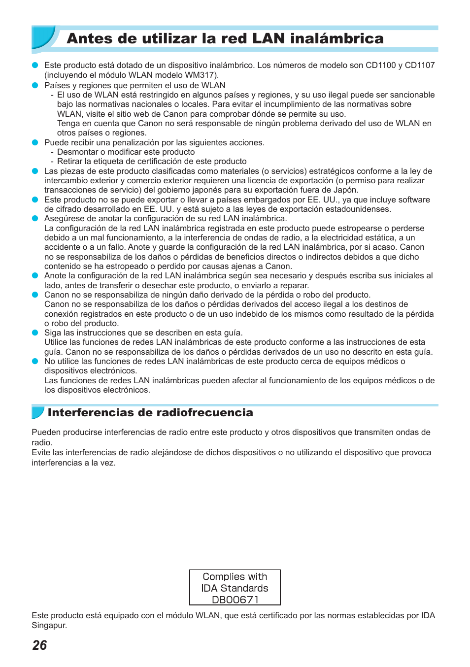 Antes de utilizar la red lan inalámbrica, Interferencias de radiofrecuencia | Canon SELPHY CP900 User Manual | Page 195 / 514