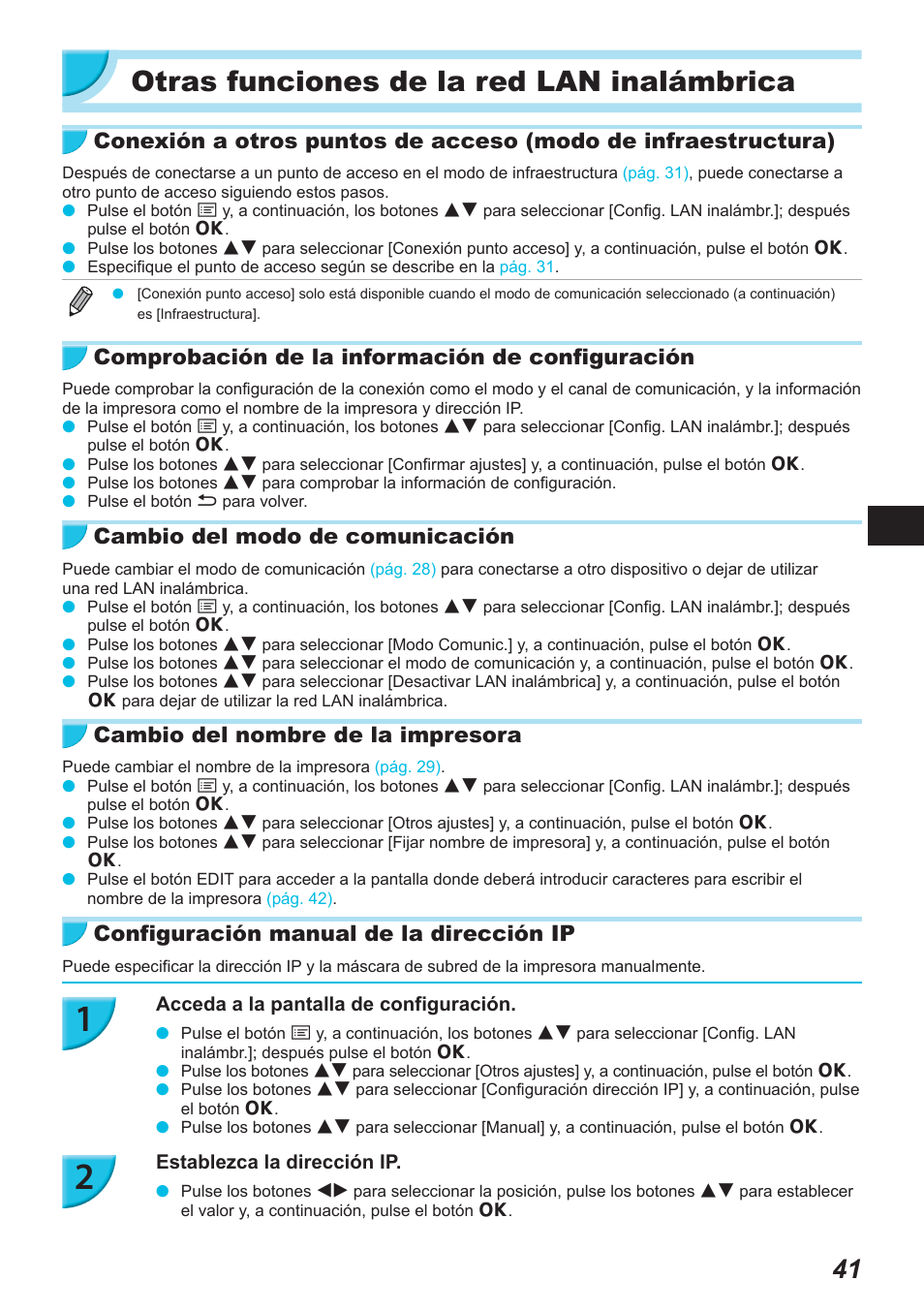 Otras funciones de la red lan inalámbrica, Comprobación de la información de configuración, Cambio del modo de comunicación | Cambio del nombre de la impresora, Configuración manual de la dirección ip | Canon SELPHY CP900 User Manual | Page 210 / 514
