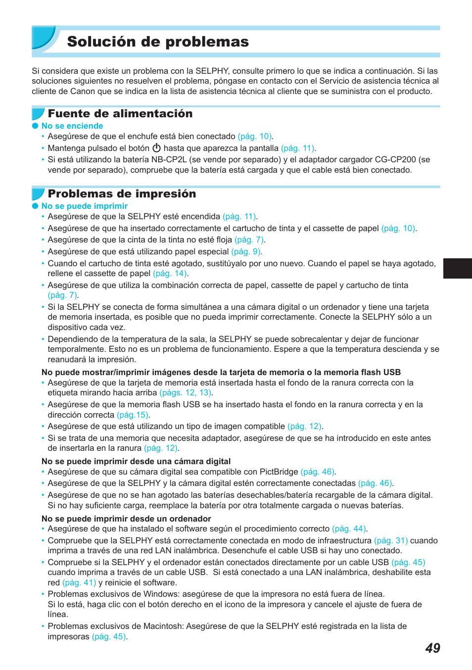 Solución de problemas, Fuente de alimentación, Problemas de impresión | Canon SELPHY CP900 User Manual | Page 218 / 514