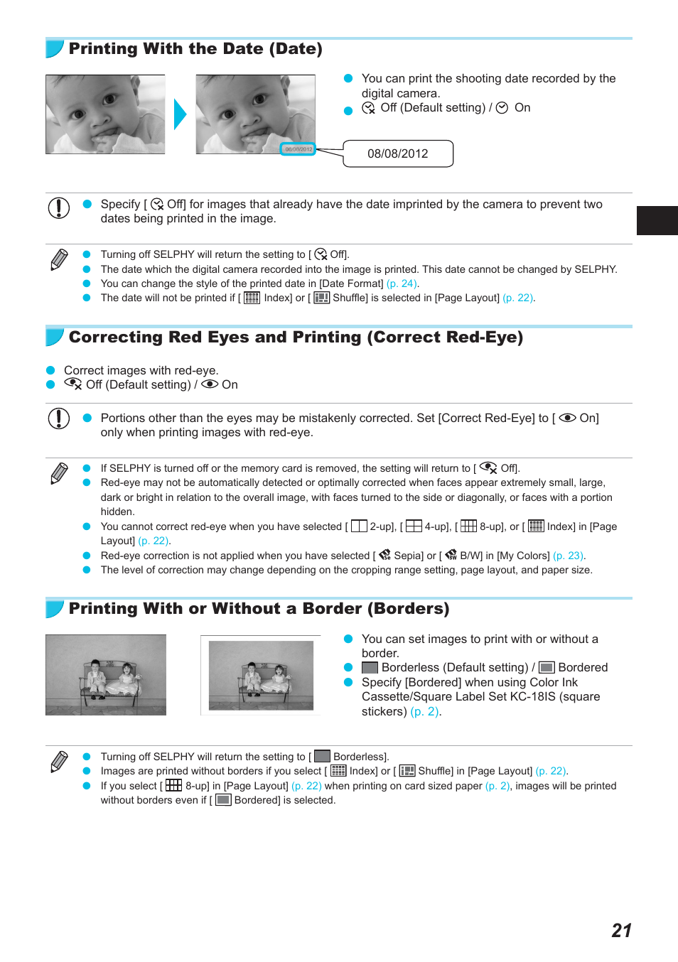 Printing with the date (date), Correcting red eyes and printing (correct red-eye), Printing with or without a border (borders) | Canon SELPHY CP900 User Manual | Page 22 / 514