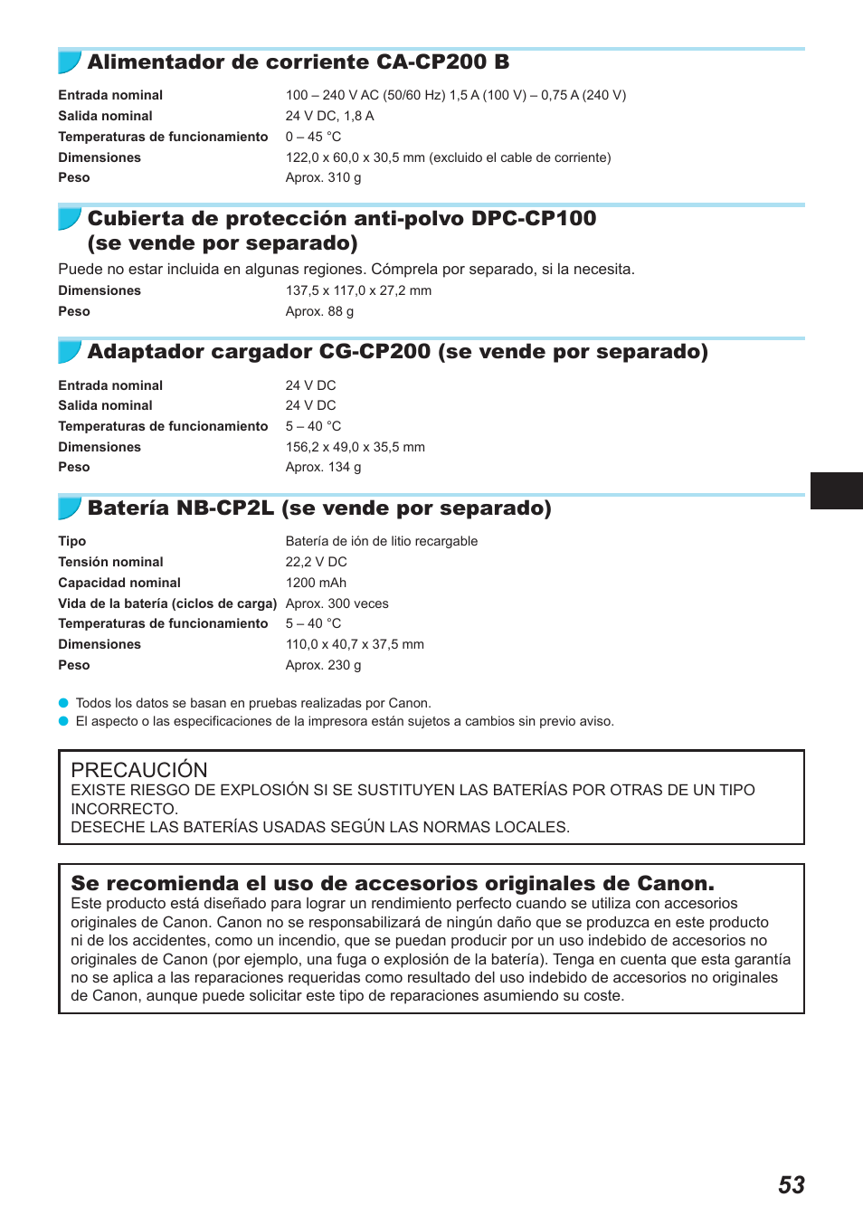 Alimentador de corriente ca-cp200 b, Batería nb-cp2l (se vende por separado), Precaución | Canon SELPHY CP900 User Manual | Page 222 / 514
