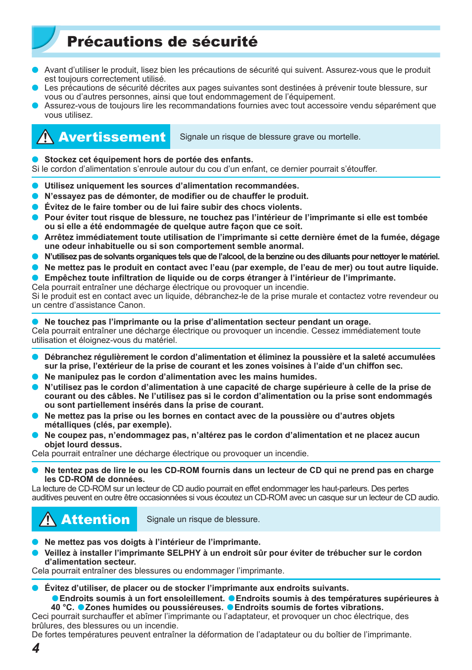 Précautions de sécurité, Avertissement, Attention | Canon SELPHY CP900 User Manual | Page 229 / 514