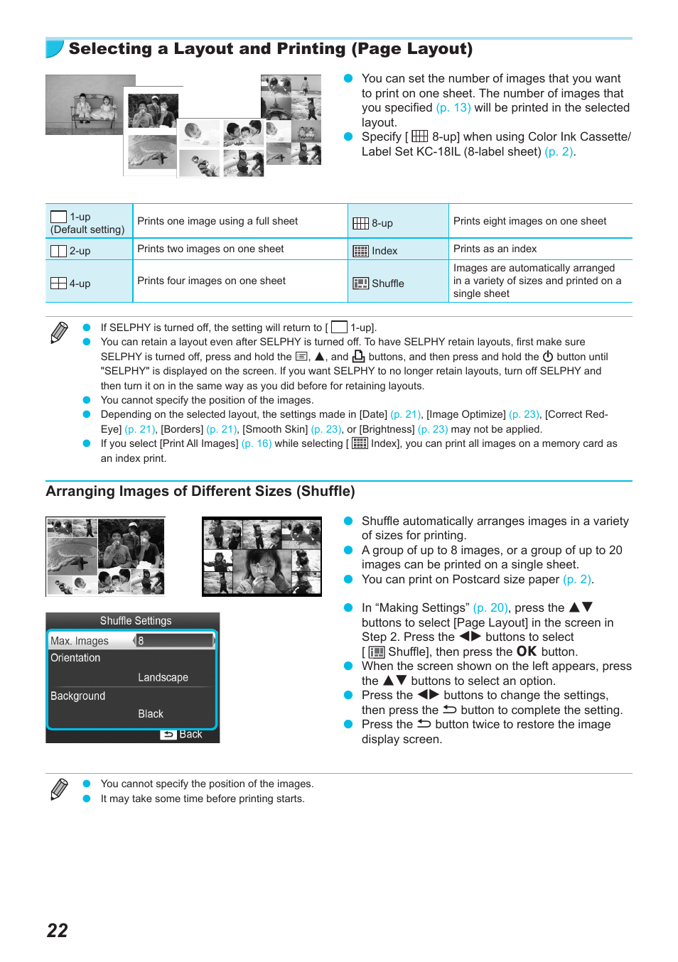 Selecting a layout and printing (page layout), Arranging images of different sizes (shuffle) | Canon SELPHY CP900 User Manual | Page 23 / 514