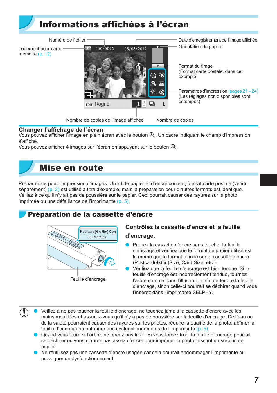 Informations affichées à l’écran, Mise en route, Préparation de la cassette d’encre | Canon SELPHY CP900 User Manual | Page 232 / 514