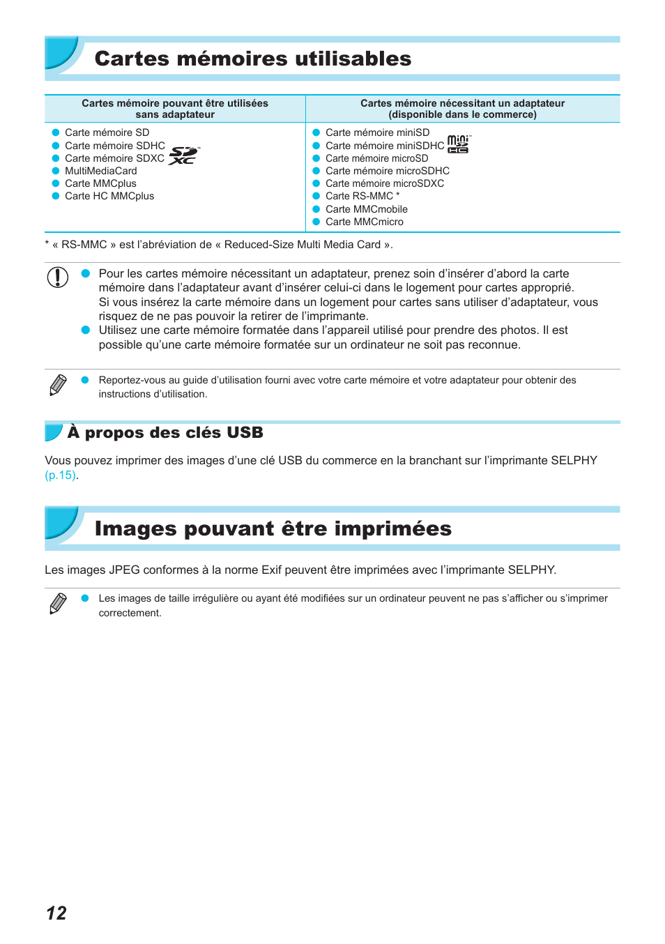 Cartes mémoires utilisables, Images pouvant être imprimées, À propos des clés usb | Canon SELPHY CP900 User Manual | Page 237 / 514