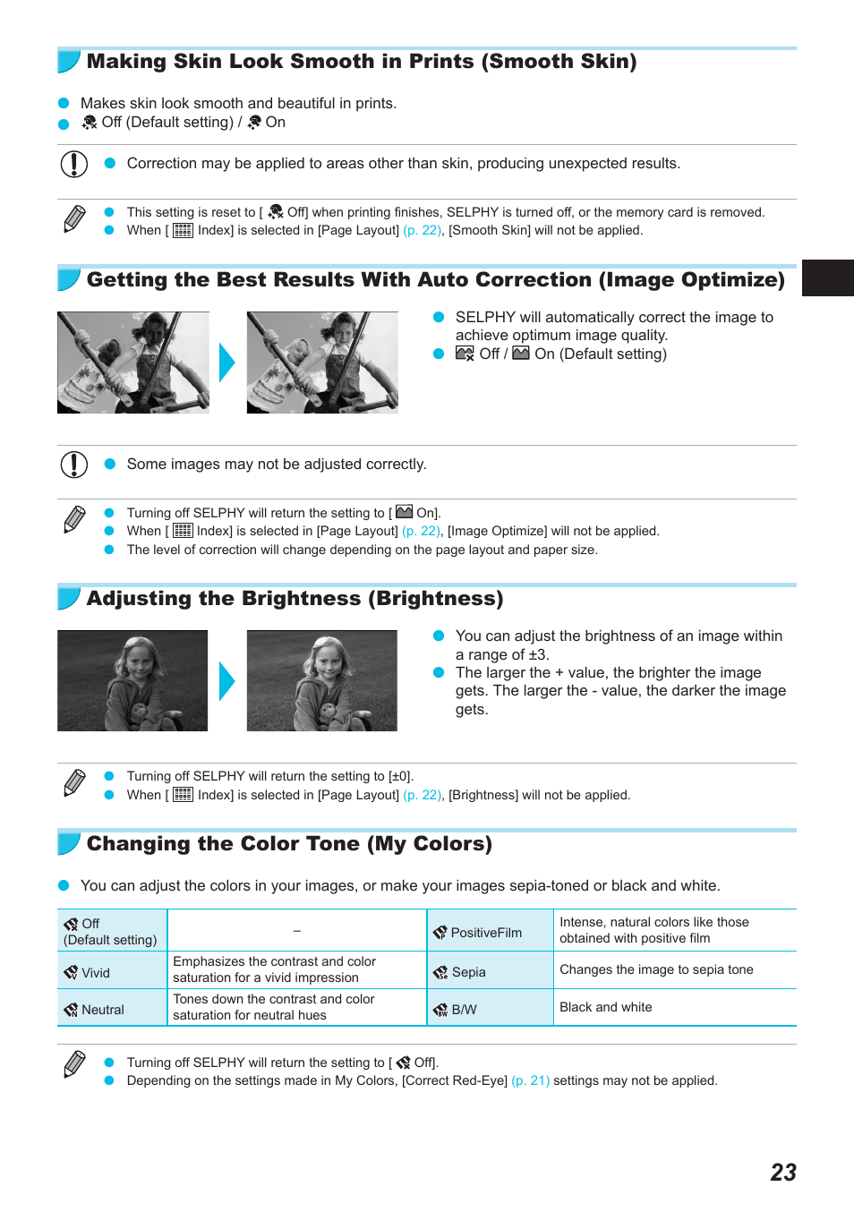Making skin look smooth in prints (smooth skin), Adjusting the brightness (brightness), Changing the color tone (my colors) | Canon SELPHY CP900 User Manual | Page 24 / 514